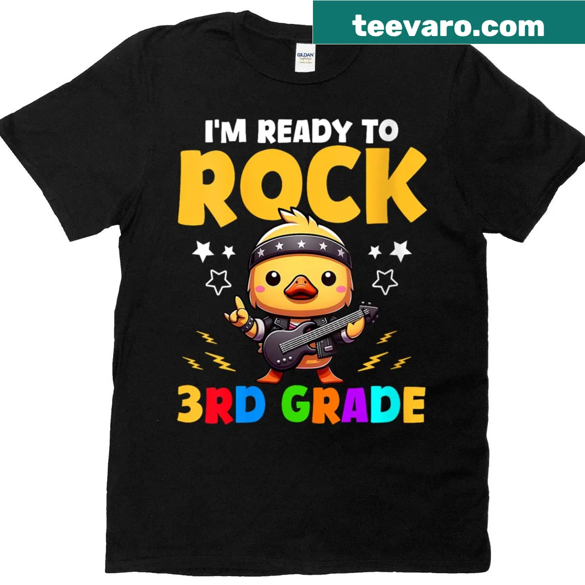Playful duck illustration with the phrase 'I'm Ready To Rock 3rd Grade' — on a men's t-shirt