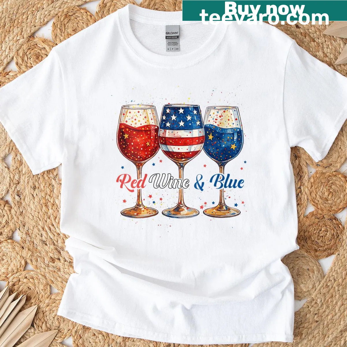 Patriotic t-shirt featuring wine glass and American flag for 4th of July — on a men's t-shirt