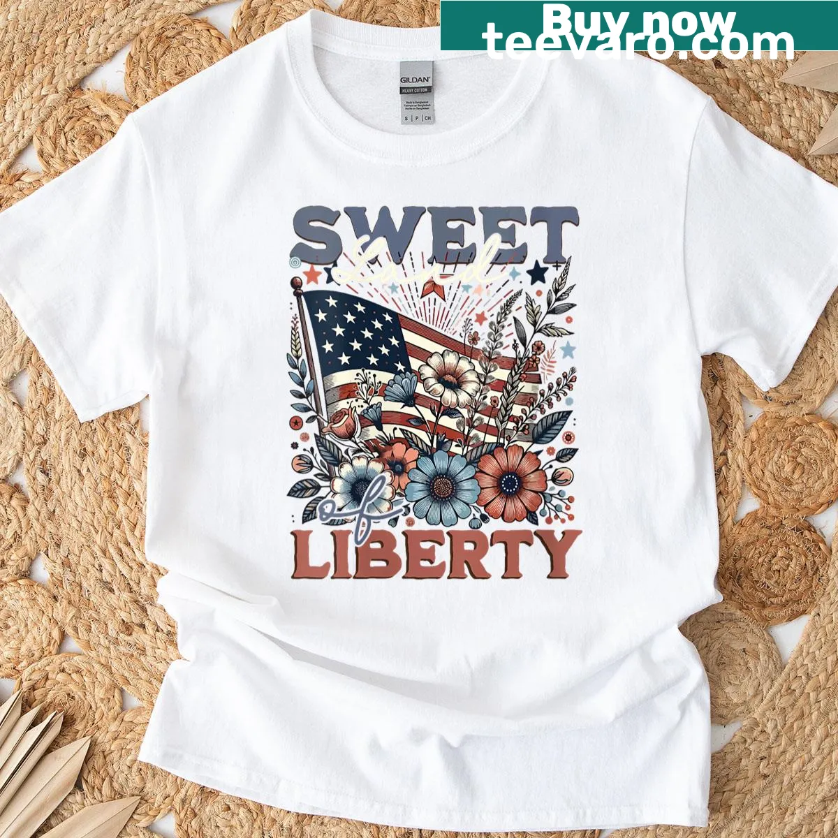Patriotic t-shirt featuring 'Sweet Land Of Liberty' design — on a men's t-shirt