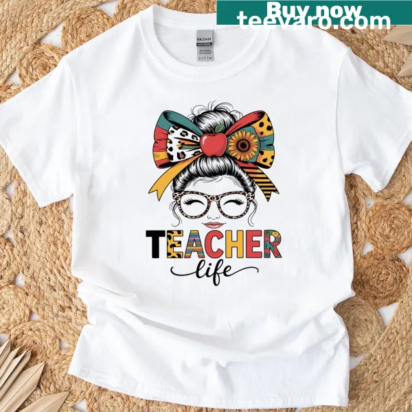 Teacher life T-shirt with leopard print and messy bun illustration