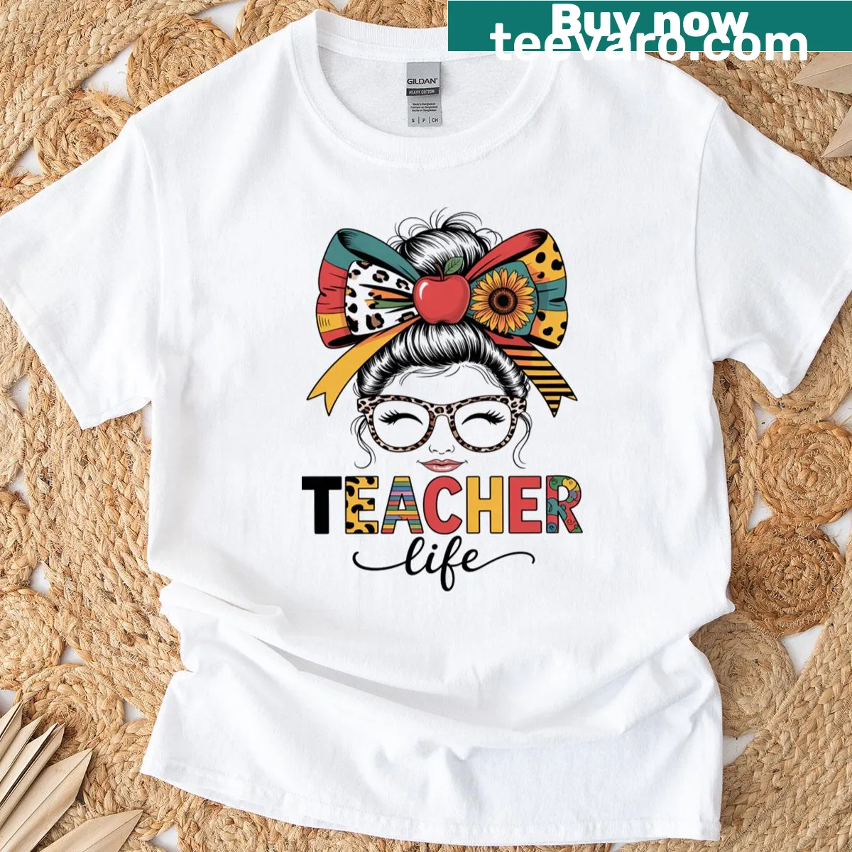 Teacher life T-shirt with leopard print and messy bun illustration — on a men's t-shirt