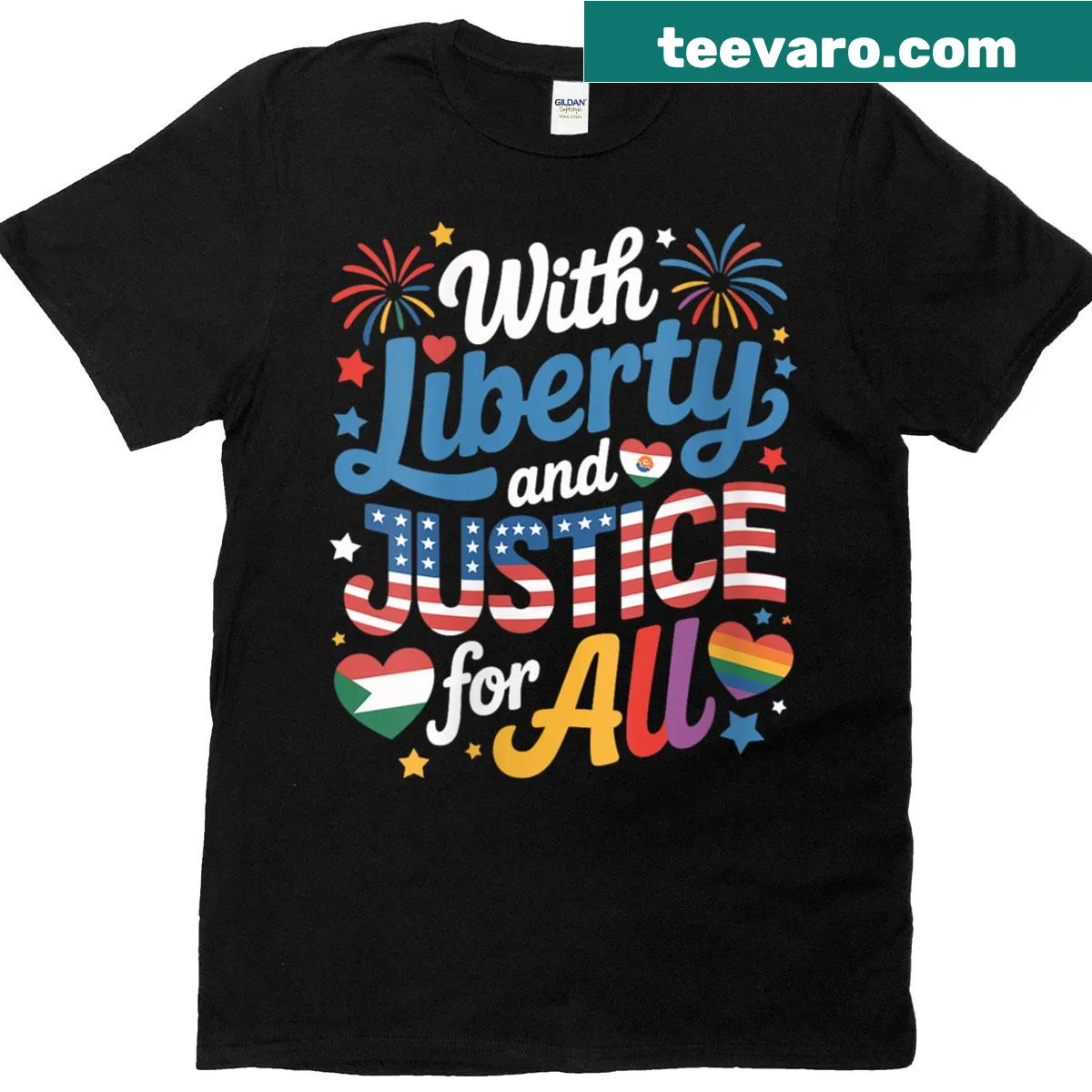 Patriotic T-shirt for women with liberty and justice text — on a men's t-shirt