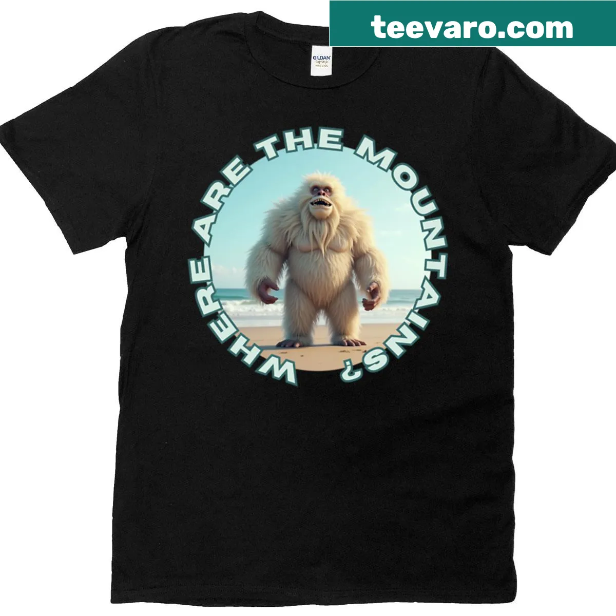 T-shirt featuring a yeti vacationing by the sea — on a men's t-shirt