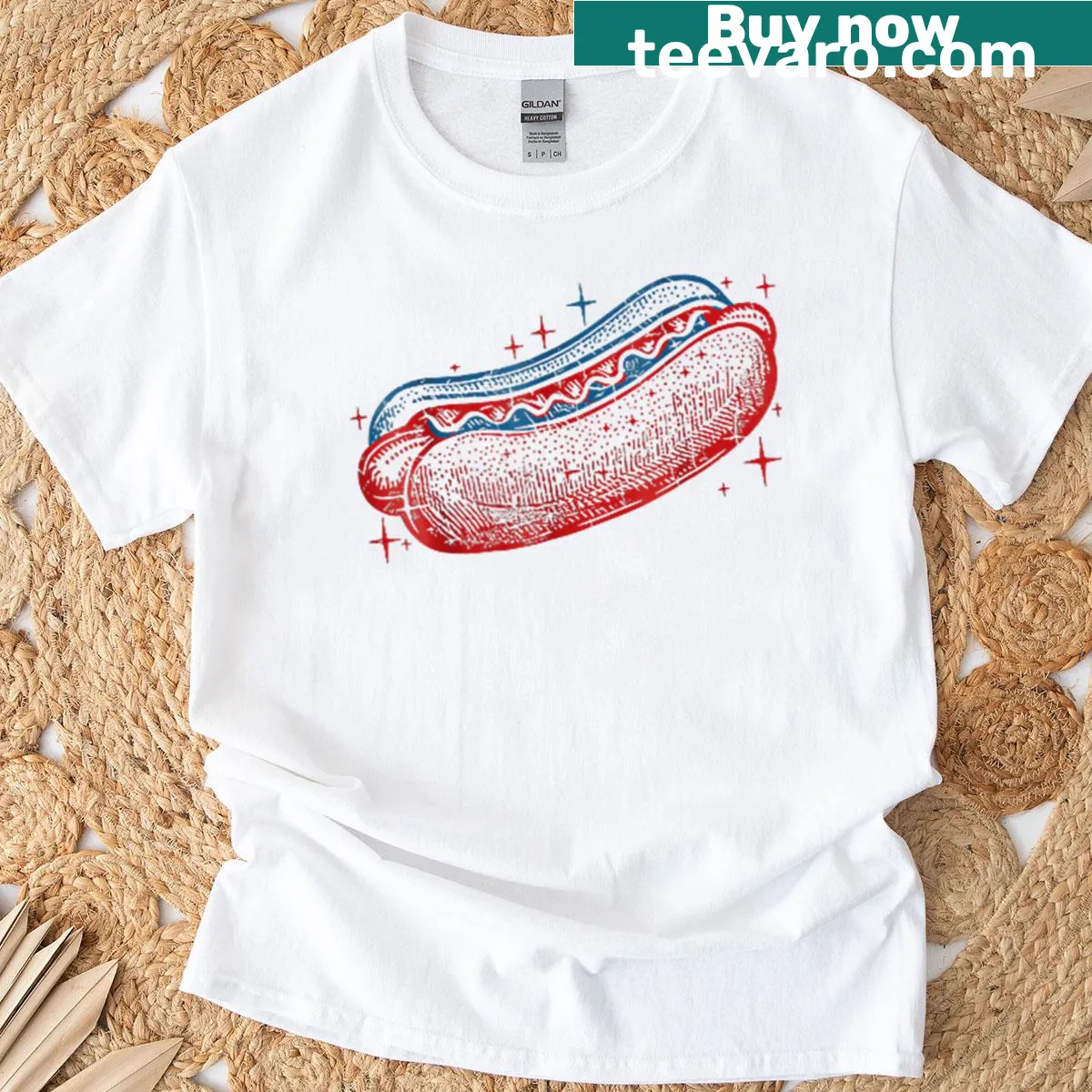 Humorous T-shirt with a hot dog design for July 4th — on a men's t-shirt