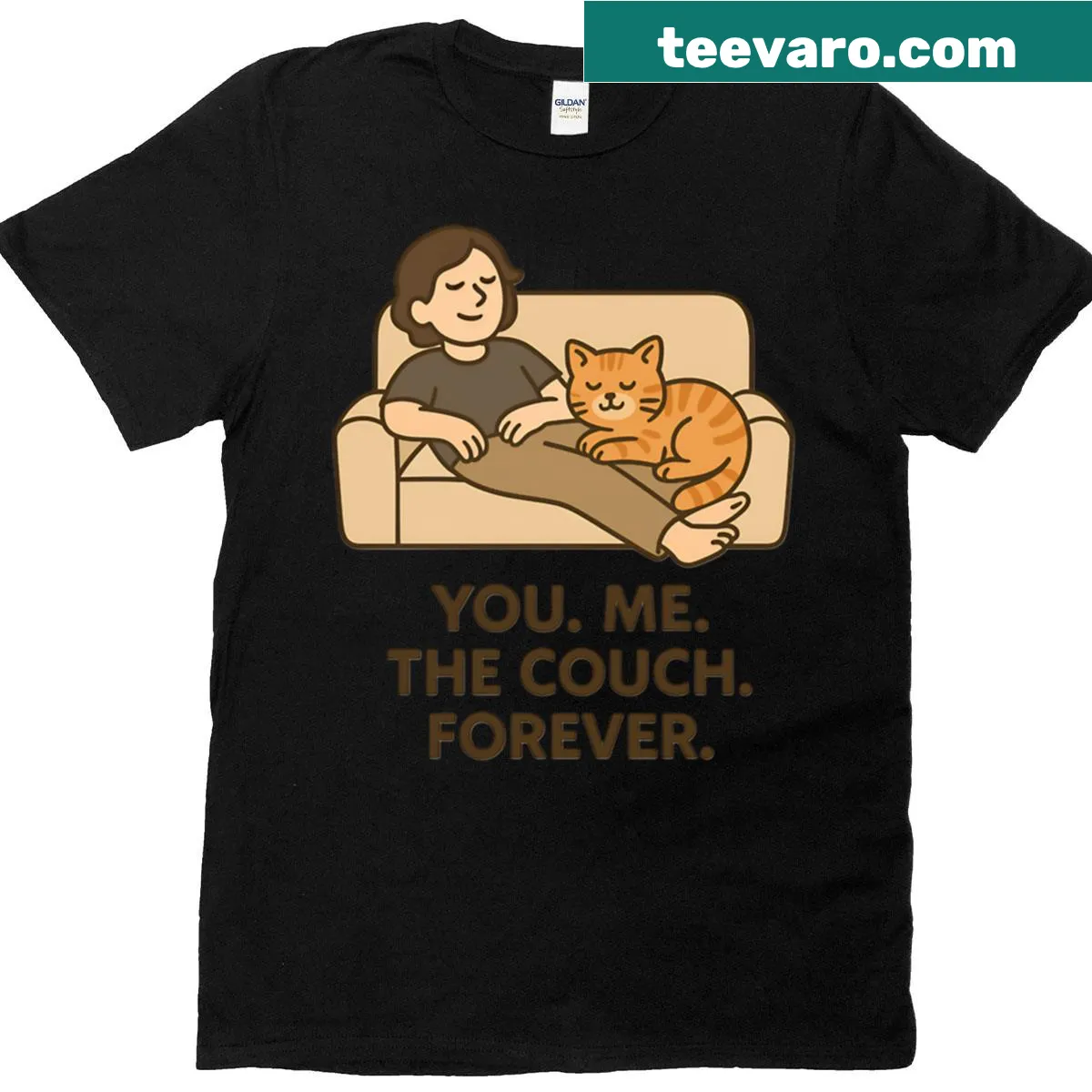 Minimalist tee featuring the phrase 'You Me The Couch Forever' with cat design. — on a men's t-shirt