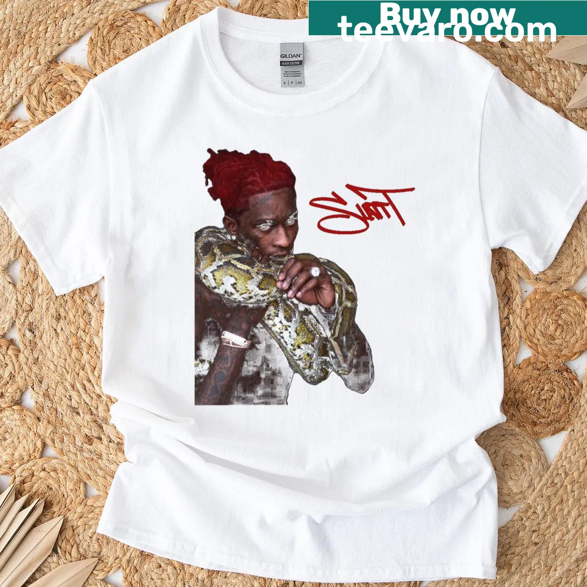 Illustrative Young Thug t-shirt featuring a playful snake design — on a men's t-shirt