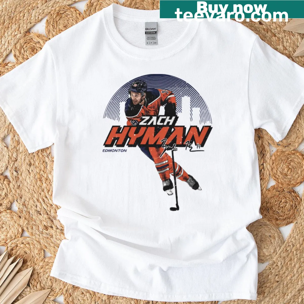 T-shirt featuring Zach Hyman and the Edmonton skyline — on a men's t-shirt