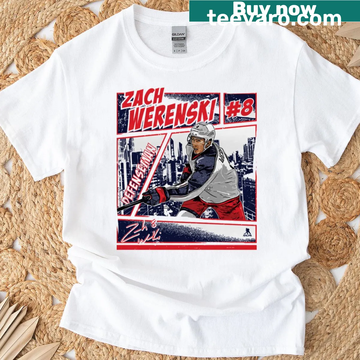 Comic-style graphic of Zach Werenski in action on a T-shirt — on a men's t-shirt