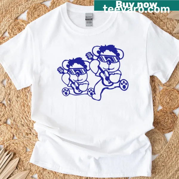 Cartoon bears playing guitars with sunglasses, rock music theme