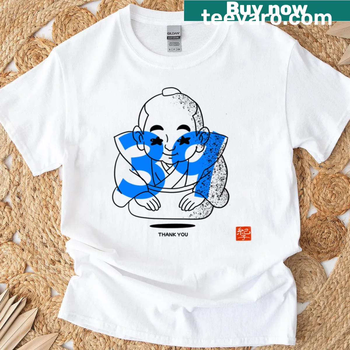 Playful T-shirt featuring the number 39 and a whimsical bow design — on a men's t-shirt