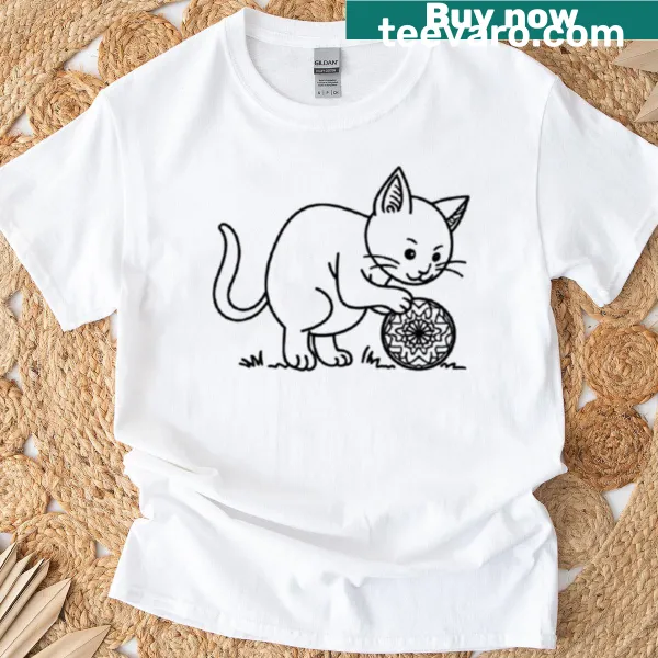 Illustration of a cat playing with a ball and intricate patterns