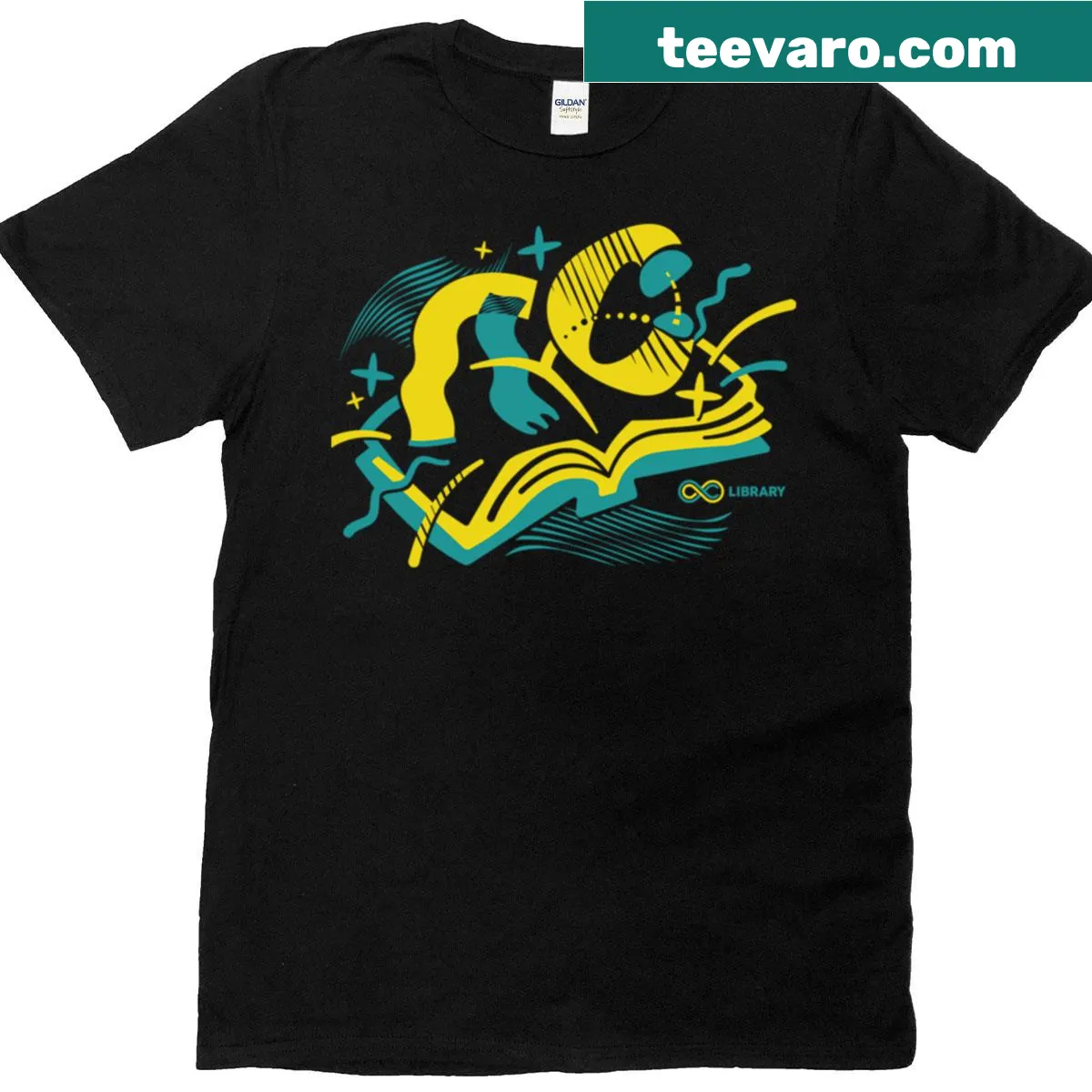 Open book graphic with magical portals on a t-shirt. — on a men's t-shirt