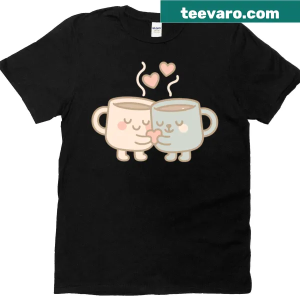 Cartoon coffee mugs cuddling with hearts and steam
