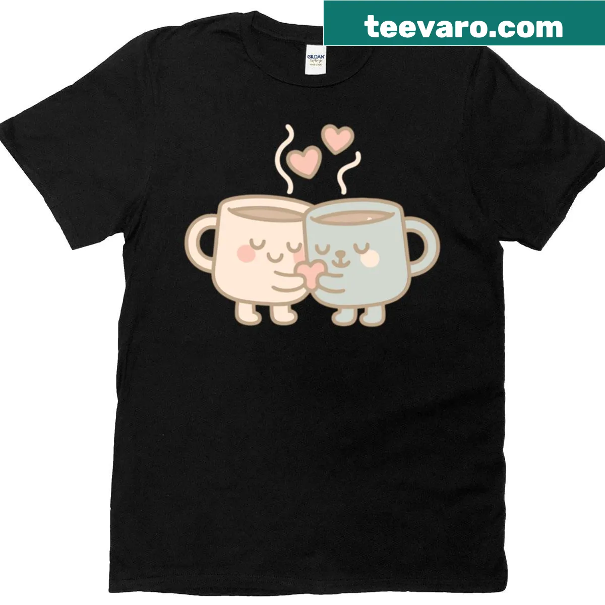 Cartoon coffee mugs cuddling with hearts and steam — on a men's t-shirt