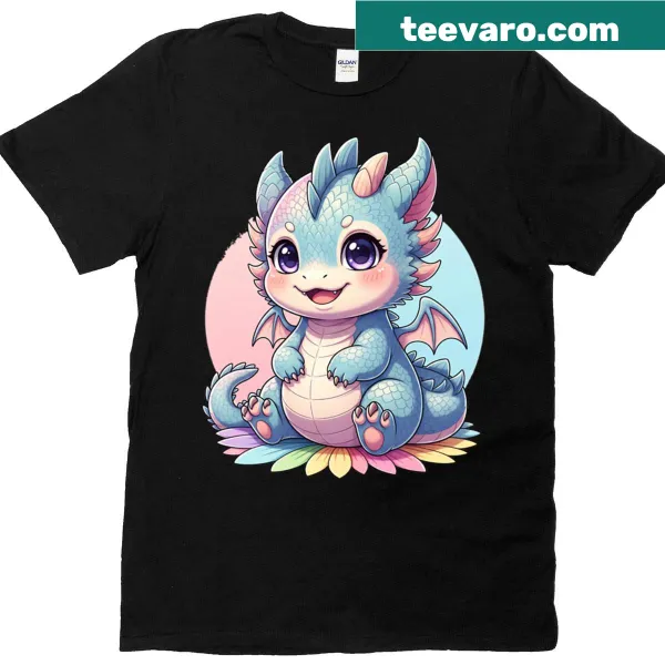 Cute cartoon dragon graphic on a kids t-shirt in kawaii style