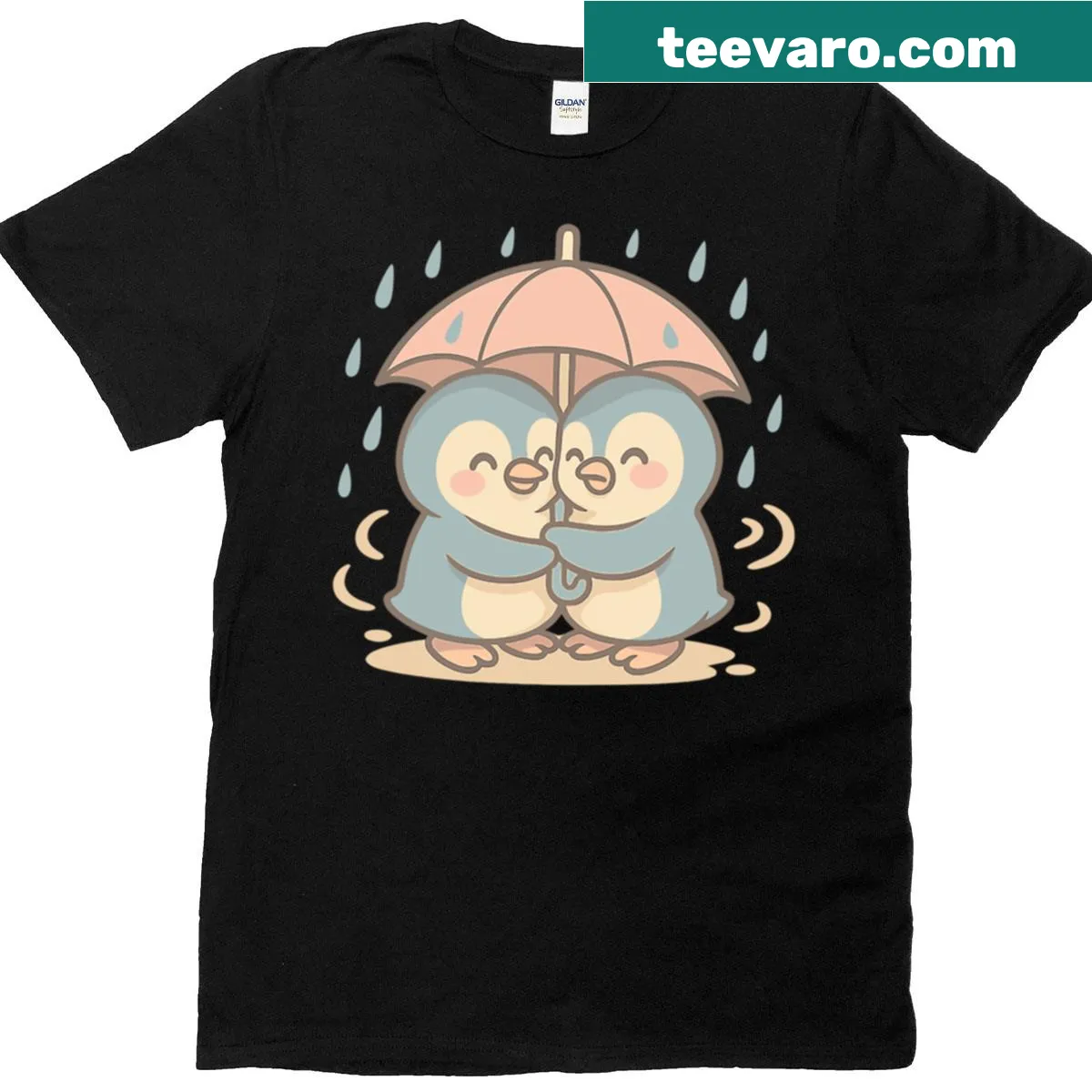 Cartoon T-shirt featuring a cute penguin couple cuddling under an umbrella — on a men's t-shirt