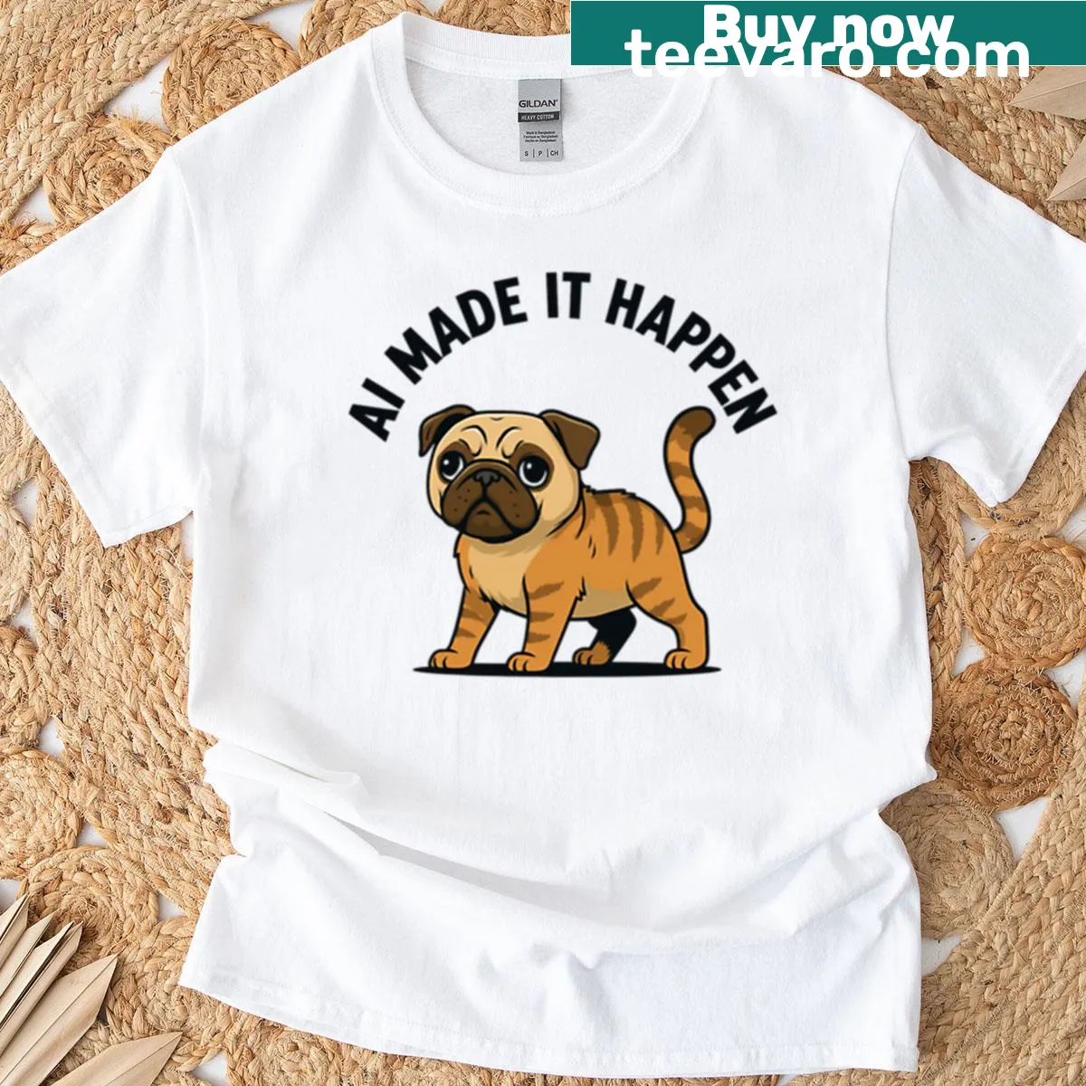 T-shirt with 'Ai Made It Happen' slogan in playful typography — on a men's t-shirt