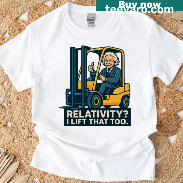 Illustration of Albert Einstein on a forklift with text Genius At Work