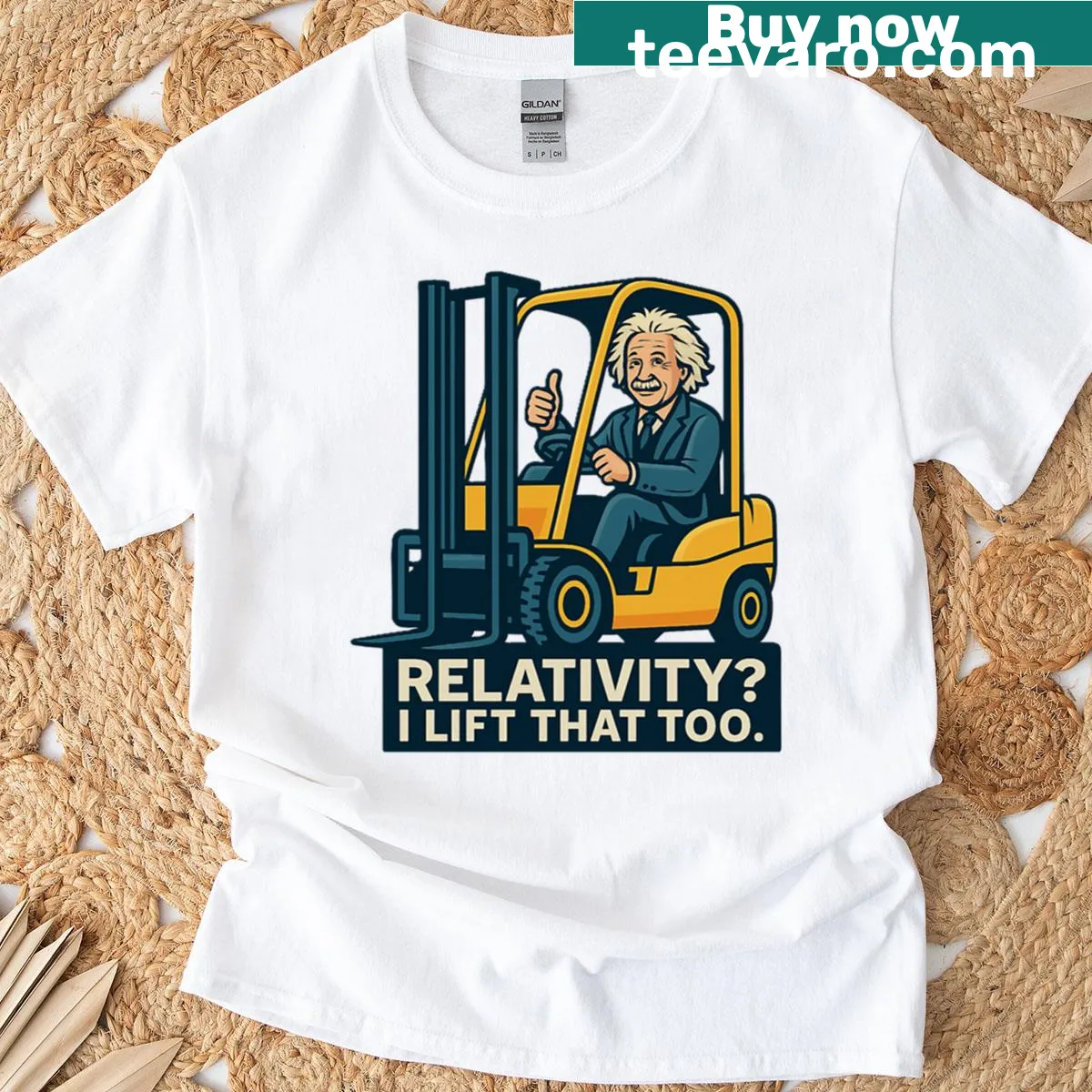 Illustration of Albert Einstein on a forklift with text Genius At Work — on a men's t-shirt
