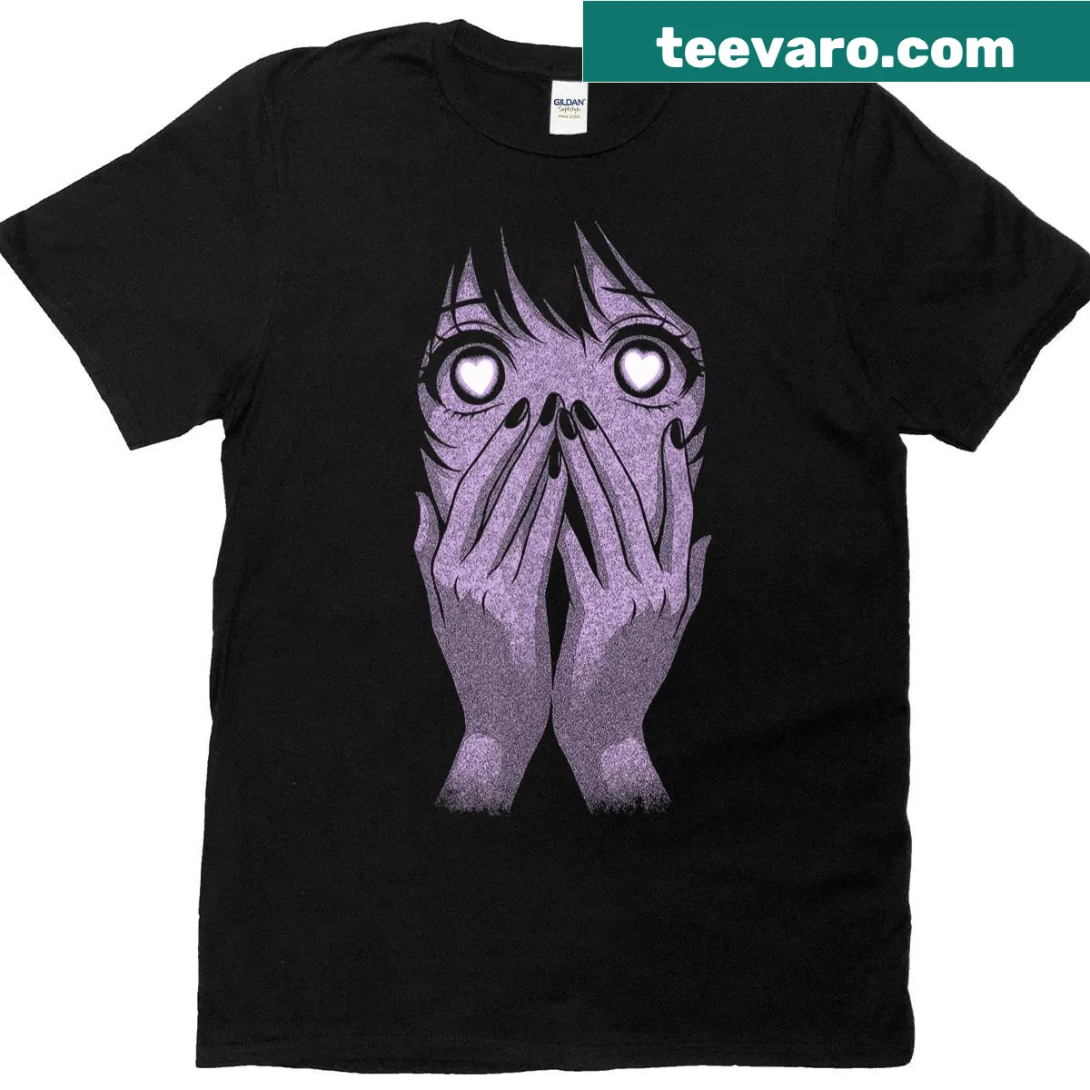 Anime girl with big eyes and hearts in a grunge style — on a men's t-shirt