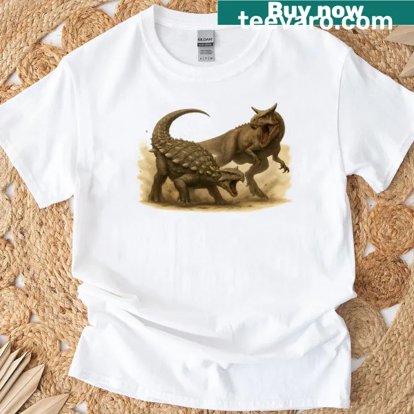 Dinosaur graphic T-shirt featuring Ankylosaurus and Carnotaurus