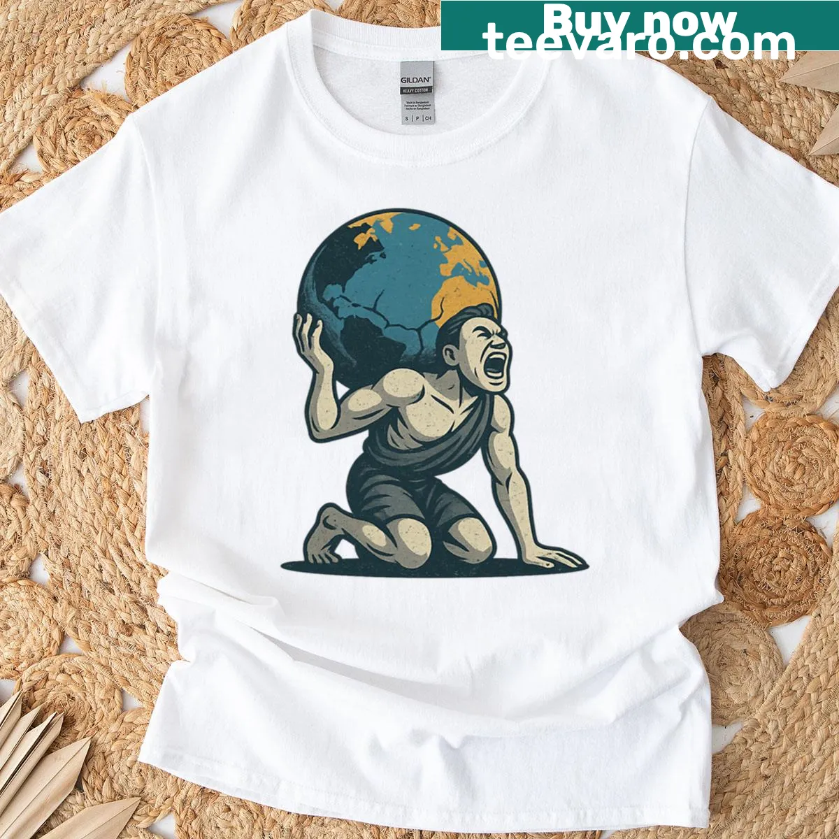 Bold graphic of Atlas yelling against the weight of the world — on a men's t-shirt