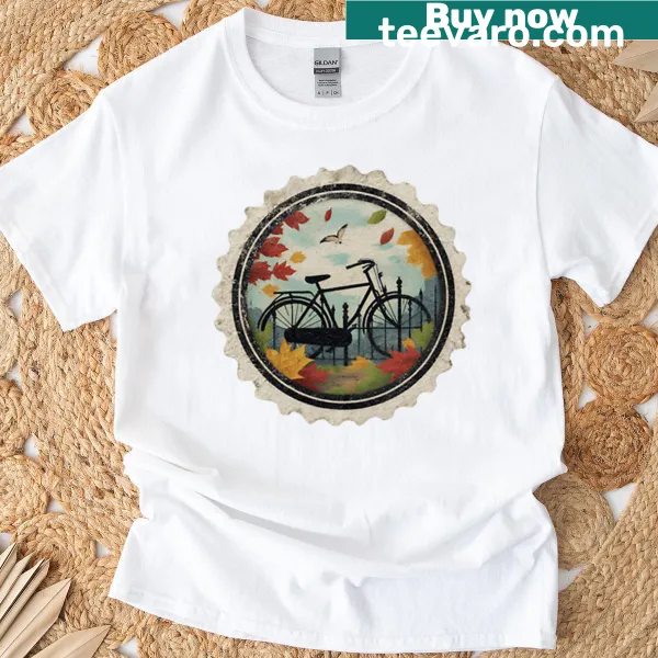 Vintage style T-shirt depicting autumn bicycle rides and farmhouse design