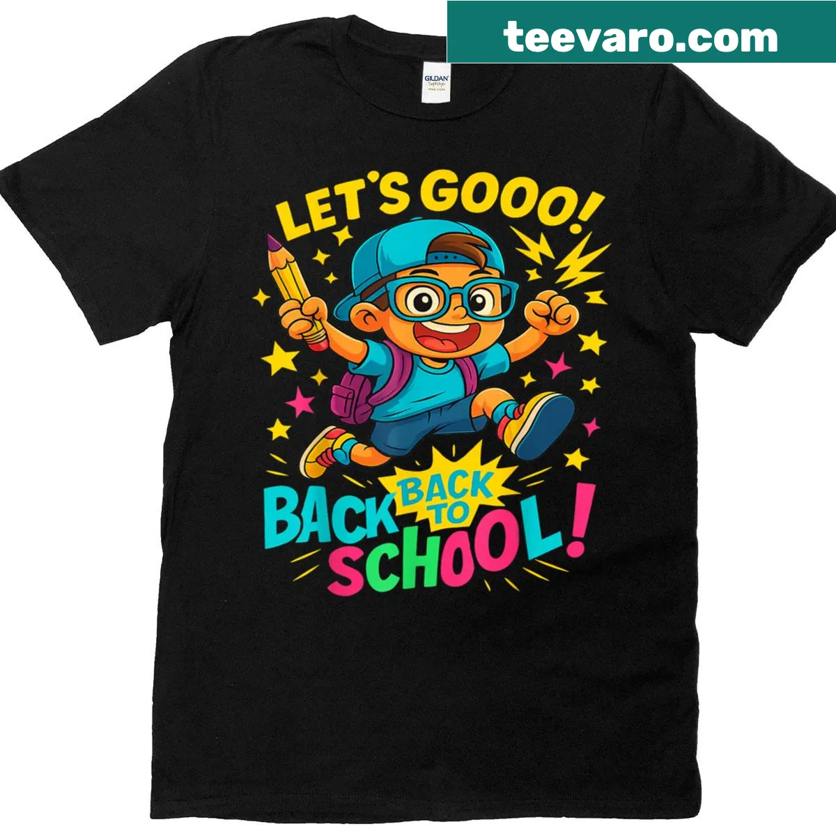 Colorful cartoon design encouraging kids for back-to-school transition — on a men's t-shirt
