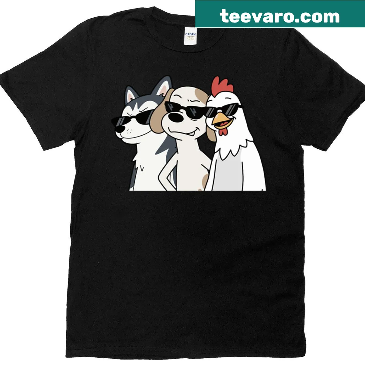 Cartoon t-shirt featuring bad dogs and chickens wearing sunglasses. — on a men's t-shirt