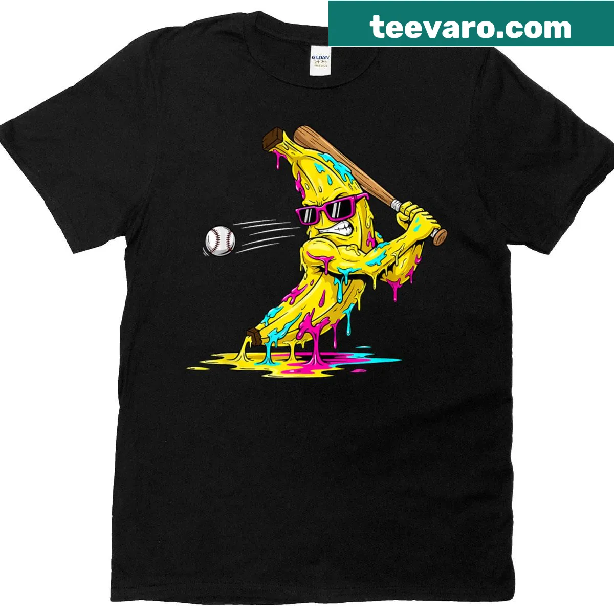 Funny T-shirt with cartoon banana baseball player design — on a men's t-shirt