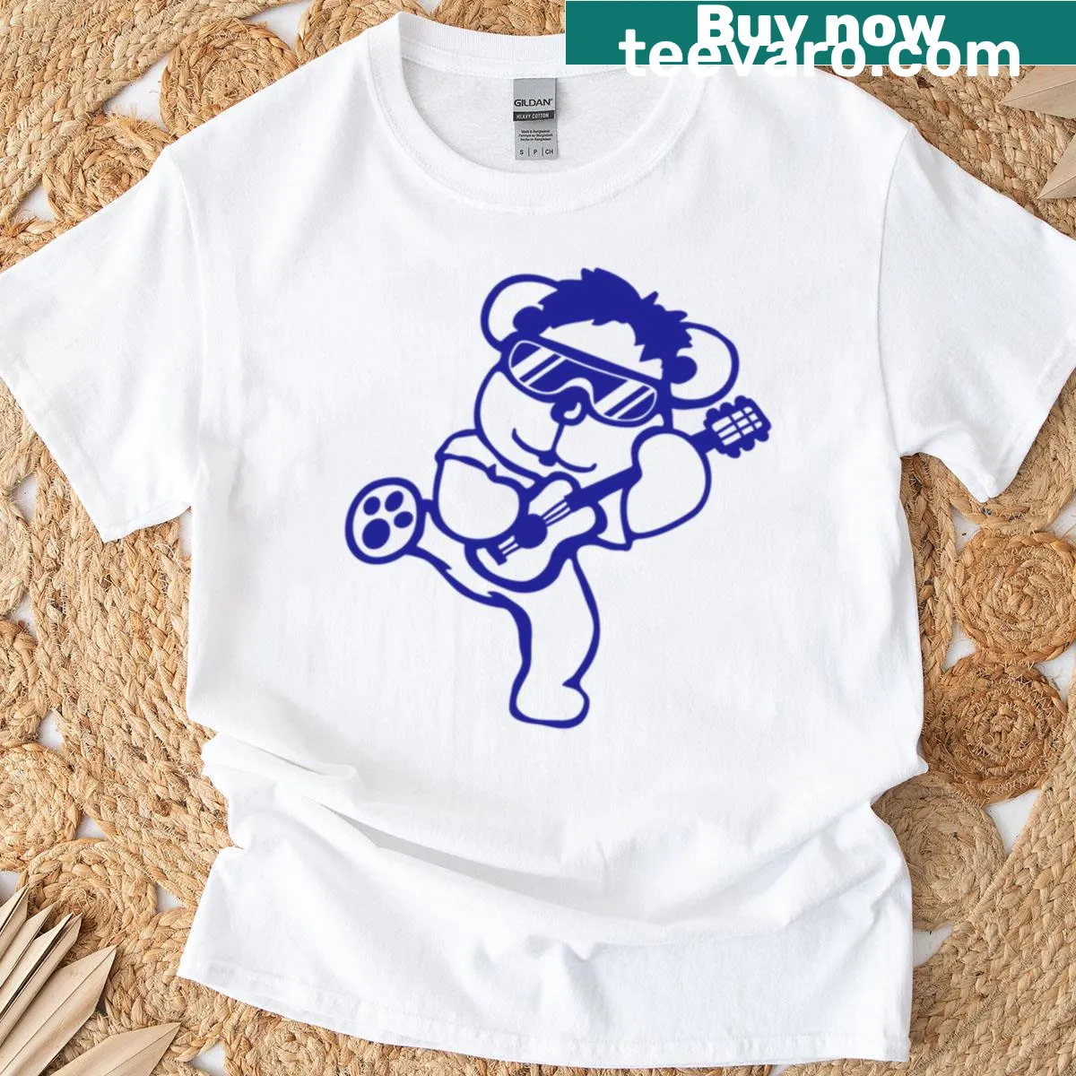 Bear cartoon playing guitar with sunglasses in a rock music theme — on a men's t-shirt