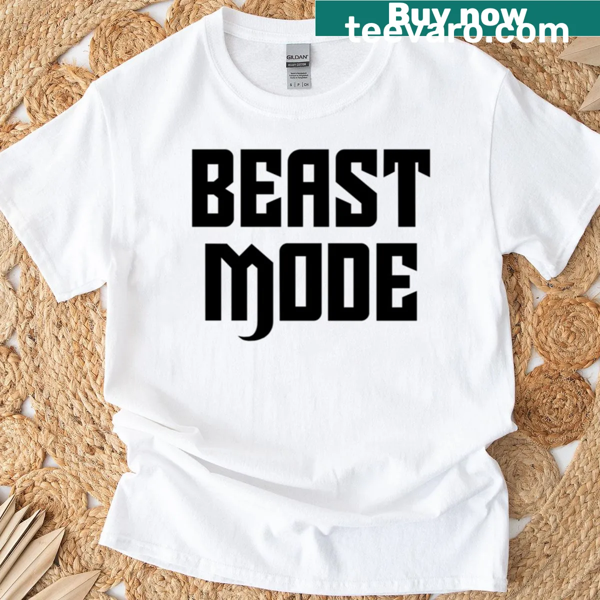 Typography Beast Mode shirt with bold text — on a men's t-shirt