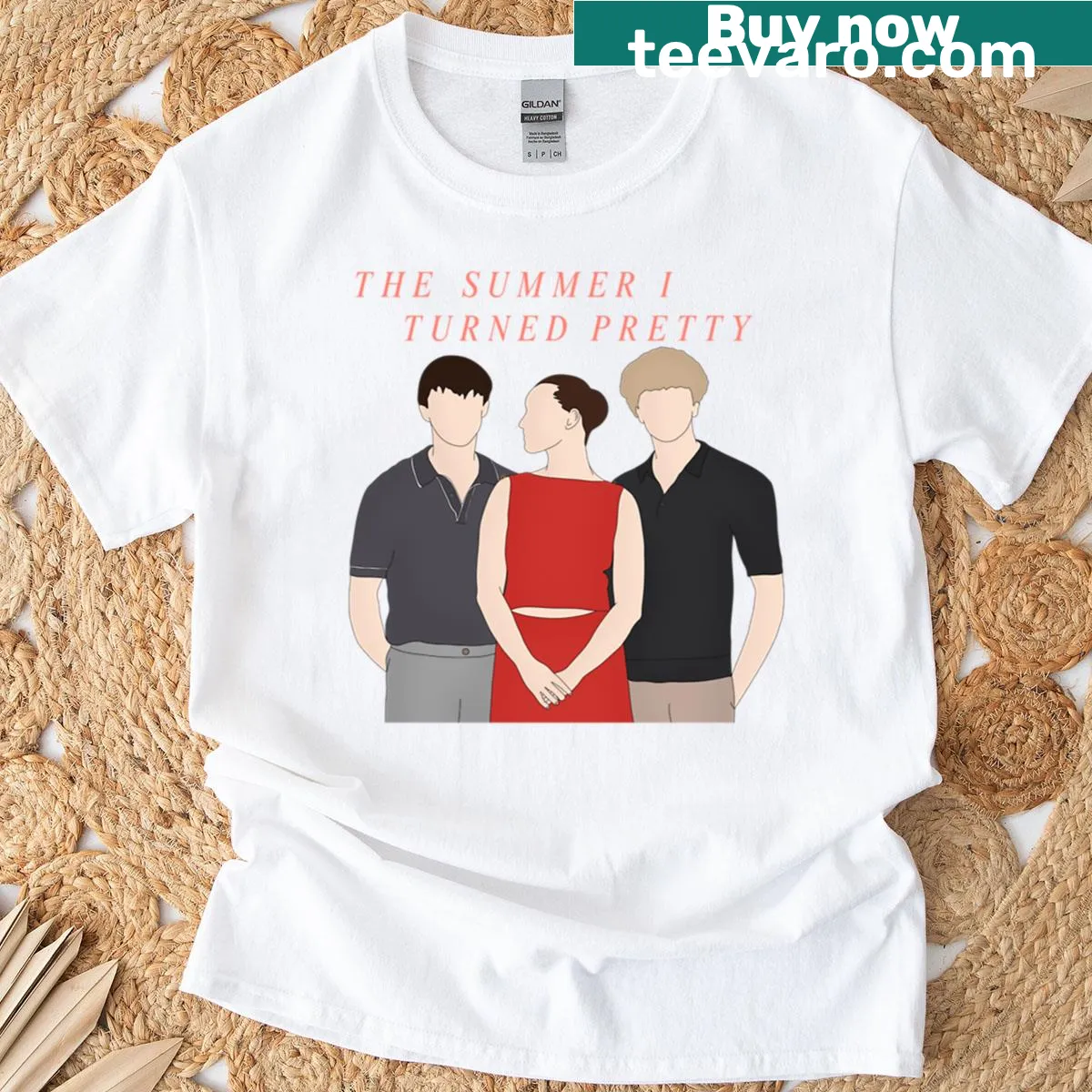Cartoon illustration of Belly, Conrad, and Jeremiah from The Summer I Turned Pretty — on a men's t-shirt