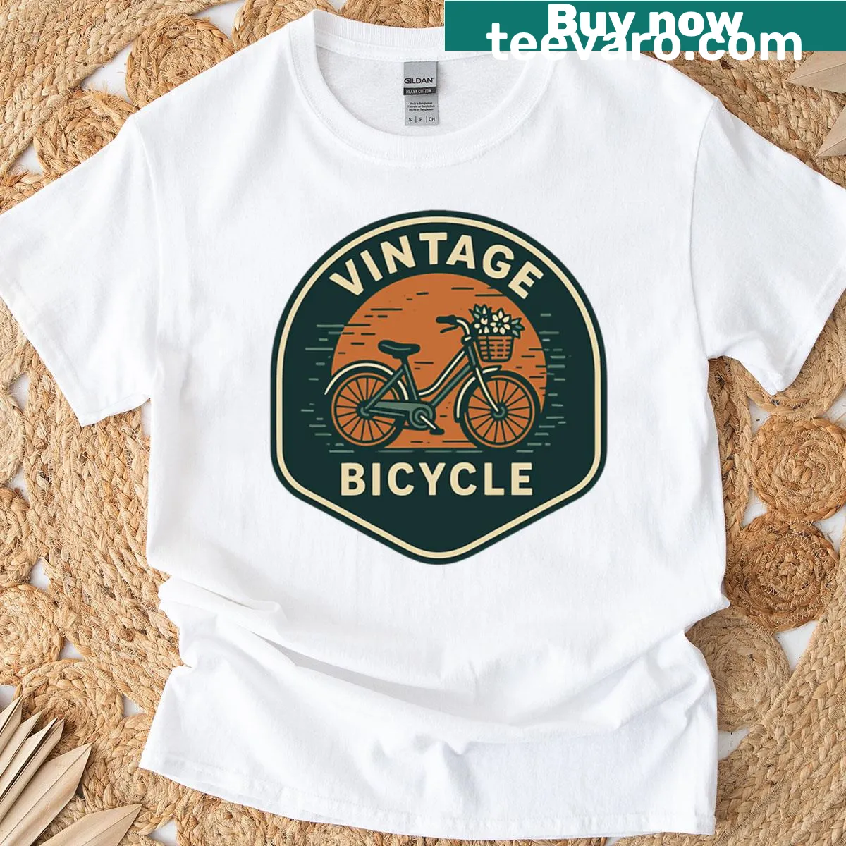 Vintage bicycle T-shirt with floral basket in retro badge style — on a men's t-shirt