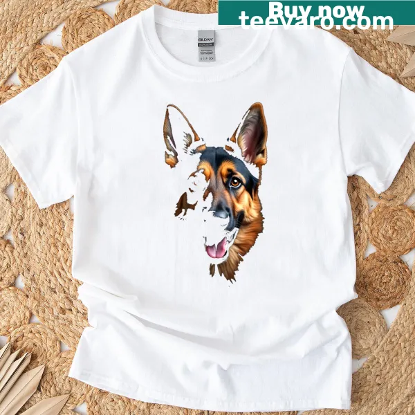 Illustration of a black German Shepherd dog face on a t-shirt
