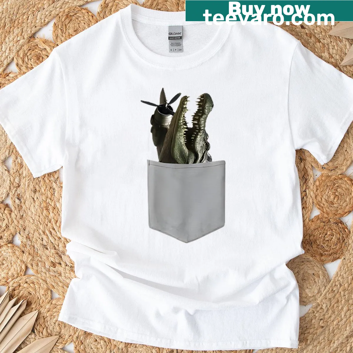 Cartoon style T-shirt with a character peeking from a pocket — on a men's t-shirt