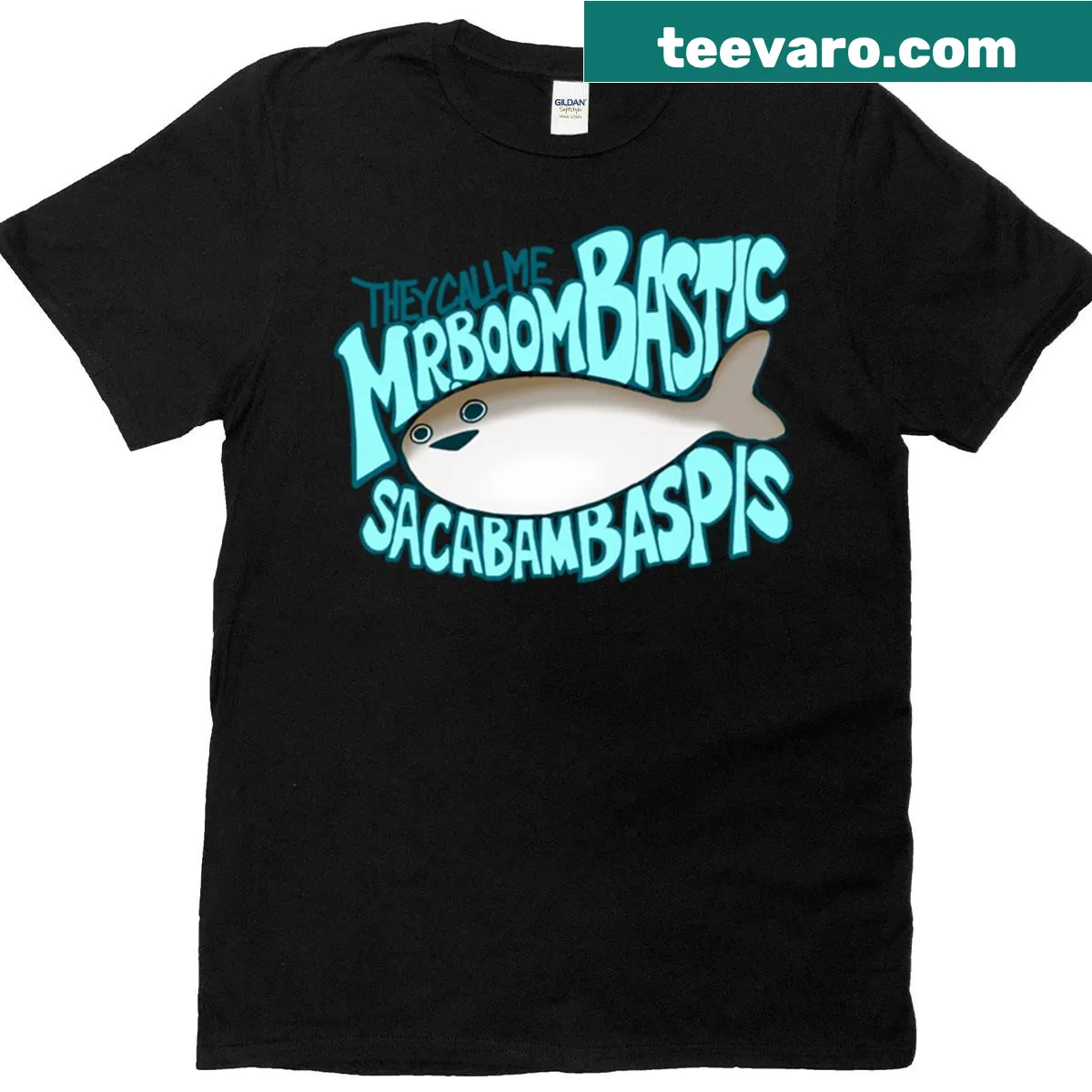 Quirky t-shirt featuring the phrase 'Boombastic Sacabambaspis' in fun typography — on a men's t-shirt
