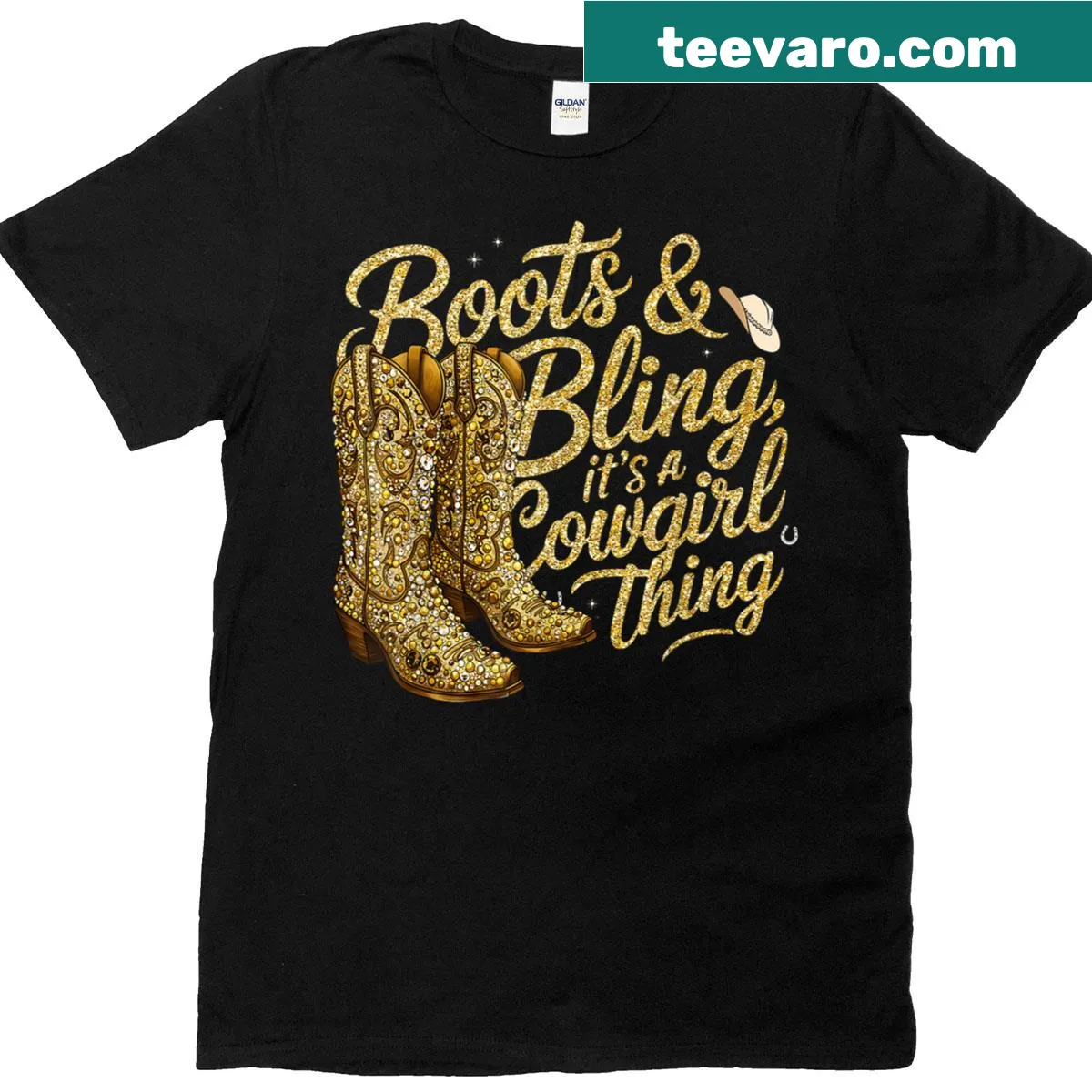 Cartoon graphic of boots and bling on a cowgirl t-shirt — on a men's t-shirt