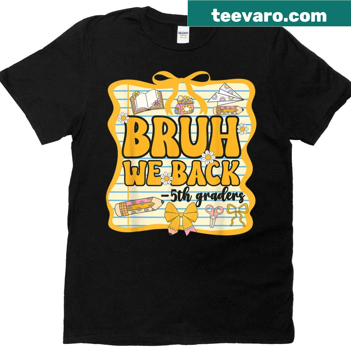 Funny back-to-school T-shirt with 'Bruh We Back' and a bow design — on a men's t-shirt