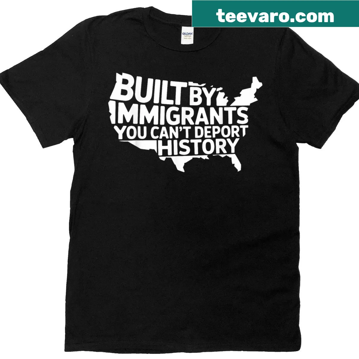 Patriotic t-shirt featuring an American map and immigration message — on a men's t-shirt