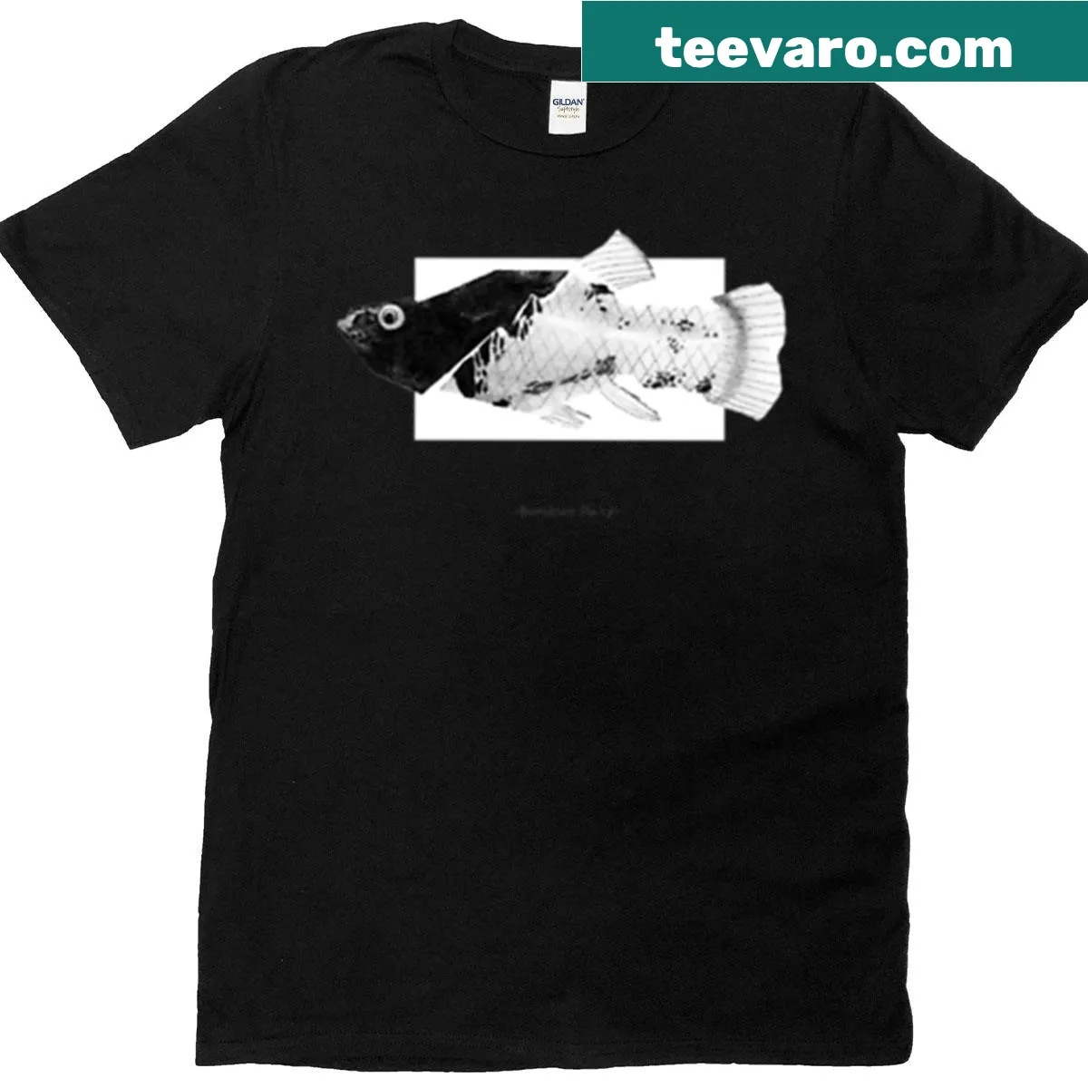 Geometric illustration of a goldfish on a t-shirt — on a men's t-shirt