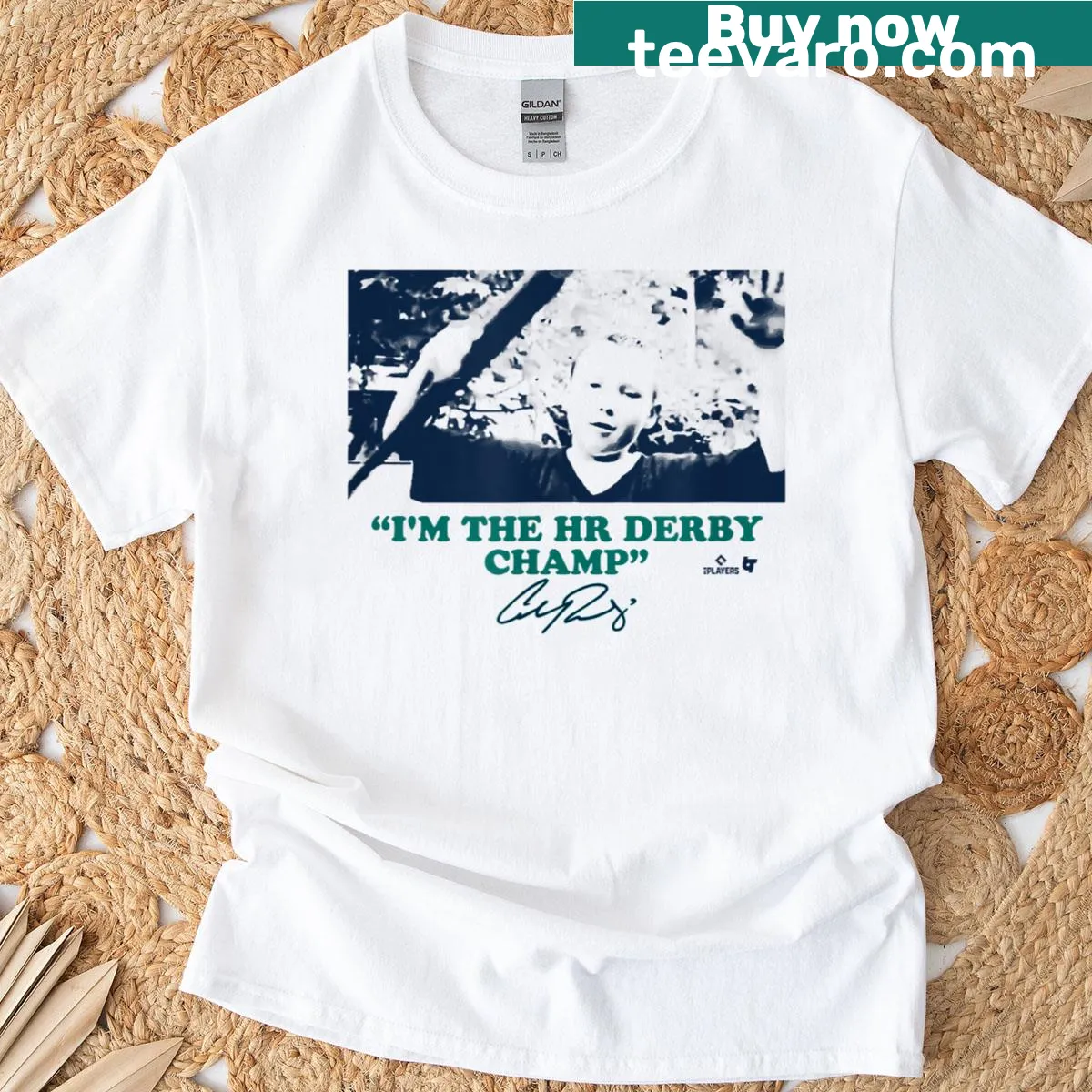 Typographic design celebrating Cal Raleigh as HR Derby Champ on a t-shirt — on a men's t-shirt