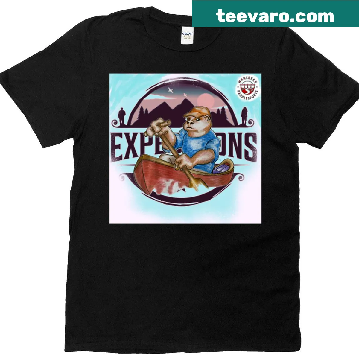 Whimsical illustration of an otter canoeing on a T-shirt — on a men's t-shirt