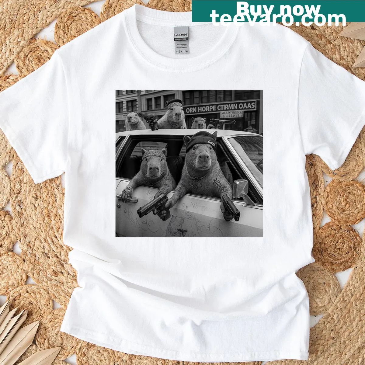 Funny gangster capybara cartoon on a t-shirt — on a men's t-shirt