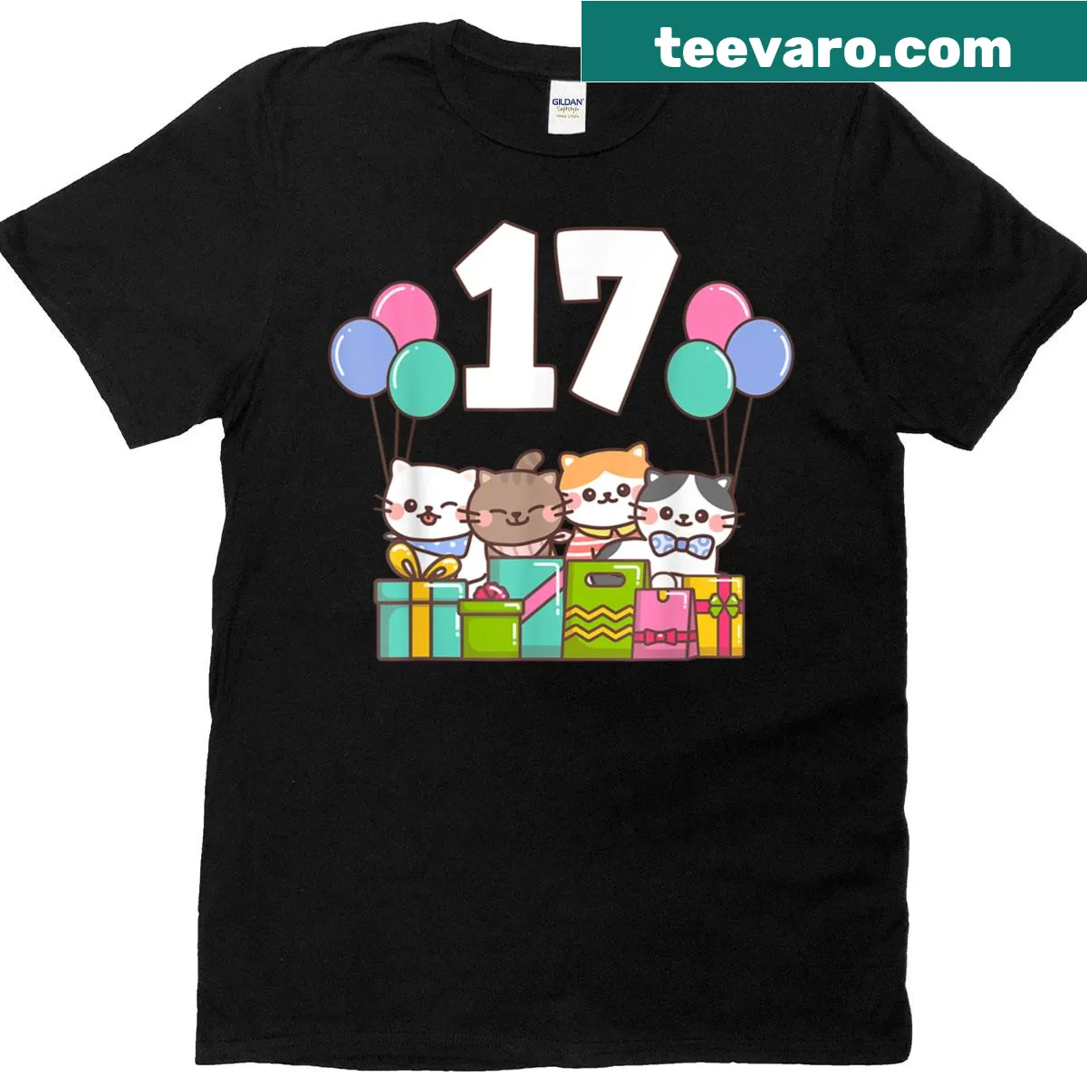 Illustrated t-shirt for a 17th birthday featuring a cute cat and balloons — on a men's t-shirt