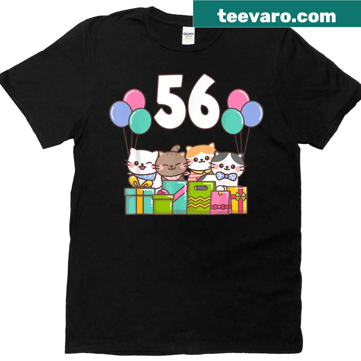 Birthday-themed shirt with cat graphics, balloons, and paw prints — on a men's t-shirt
