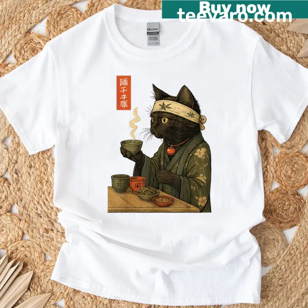 Artistic cat drinking tea t-shirt