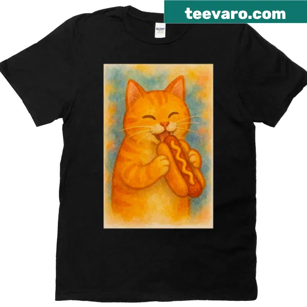 Watercolor illustration of a cat eating a hotdog on a t-shirt