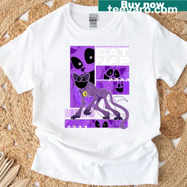 Illustration of multiple poses of napping cats on a cozy T-shirt