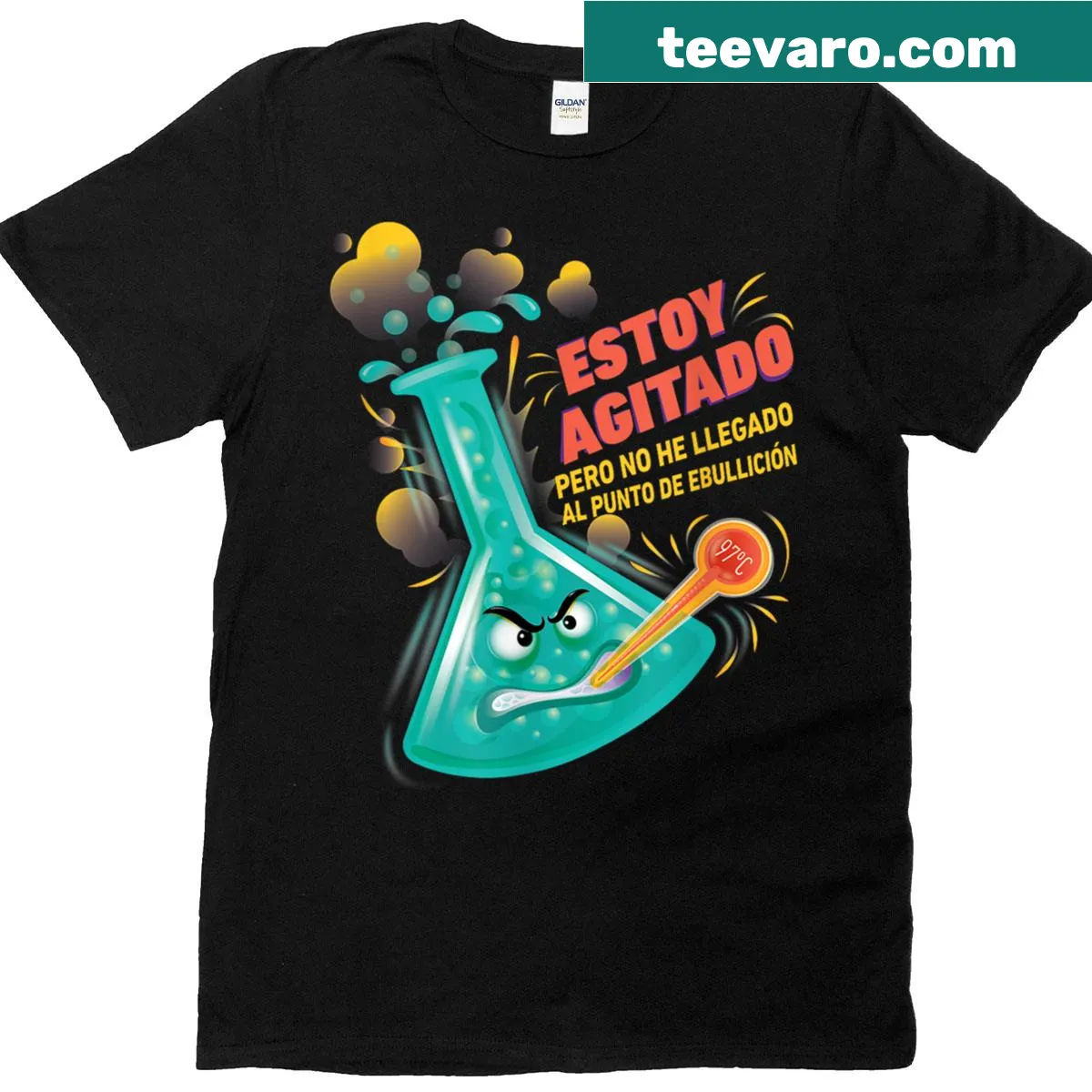 Humorous t-shirt with an illustration of an agitated flask for science fans — on a men's t-shirt